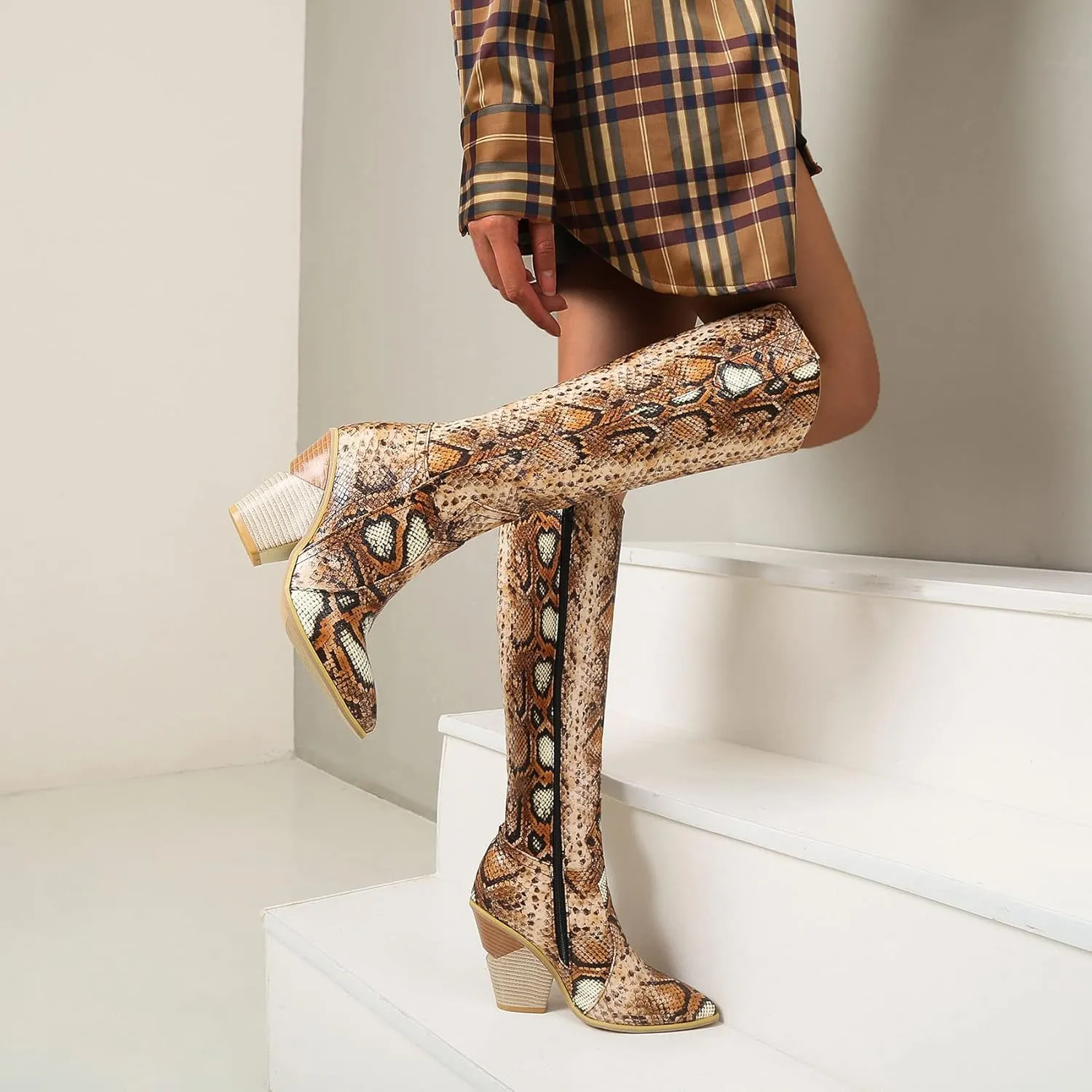 SEIFIN Knee High Cowboy Boots for Women Snakeskin Stacked Chunky Heels Tall Western Cowgirl Boot High Heeled Zipper Long Boots