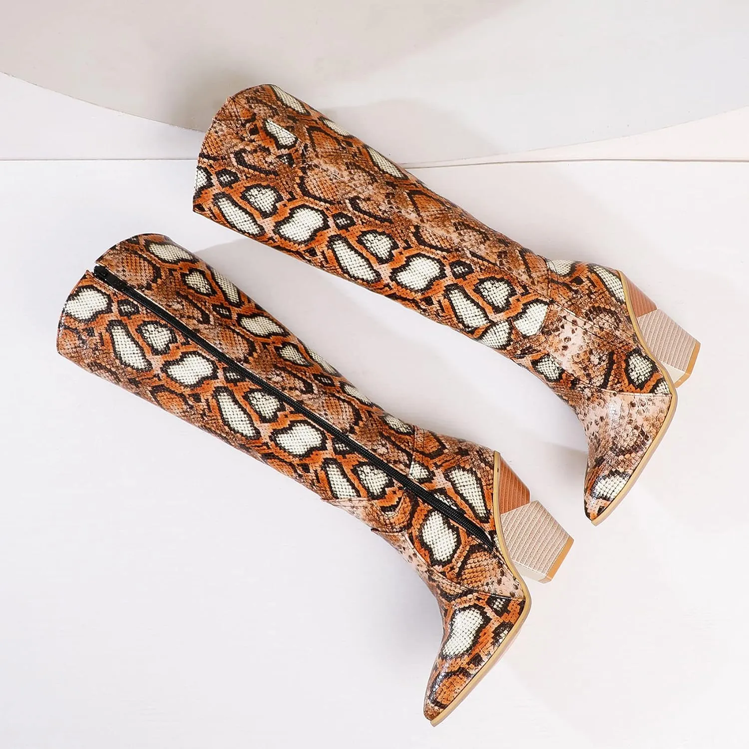 SEIFIN Knee High Cowboy Boots for Women Snakeskin Stacked Chunky Heels Tall Western Cowgirl Boot High Heeled Zipper Long Boots