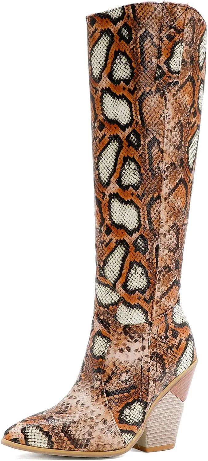 SEIFIN Knee High Cowboy Boots for Women Snakeskin Stacked Chunky Heels Tall Western Cowgirl Boot High Heeled Zipper Long Boots