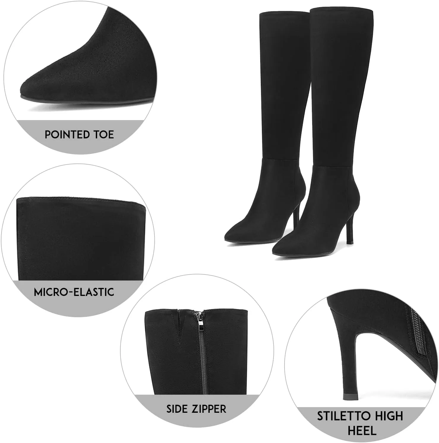 SelenePair Women's Knee High Boots Pointed Toe Stiletto High Heel Long Boots Side Zipper Dress Boots