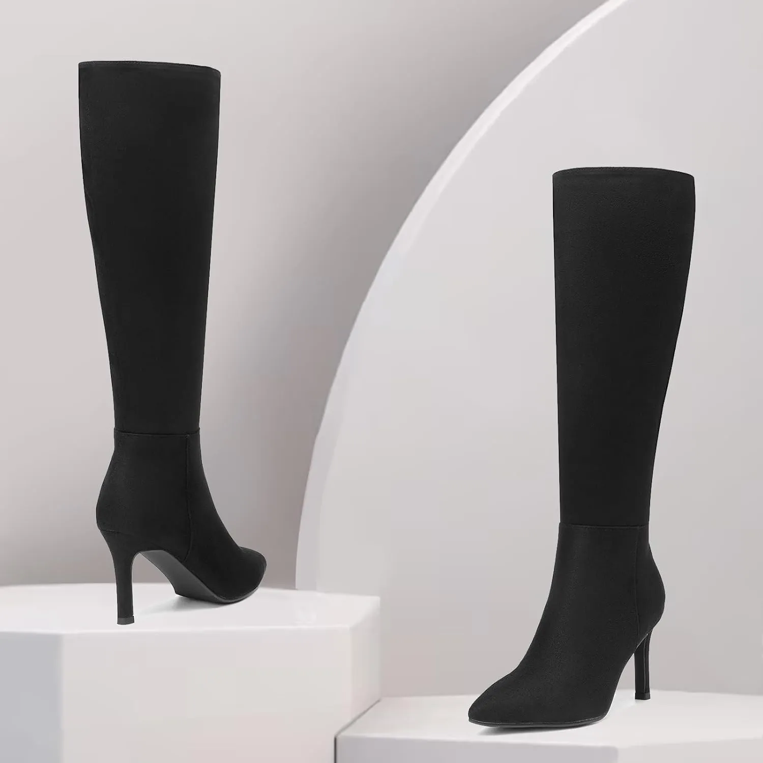 SelenePair Women's Knee High Boots Pointed Toe Stiletto High Heel Long Boots Side Zipper Dress Boots