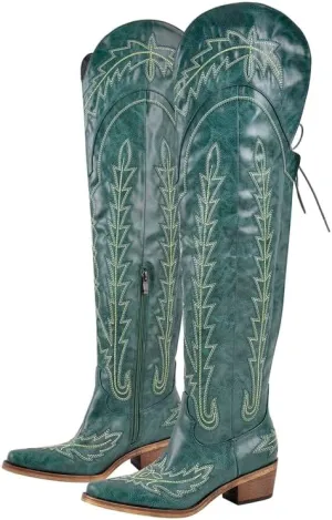 sexytag Cowgirl Boots Thigh High Wide Calf Embroidered Western Cowboy Boots