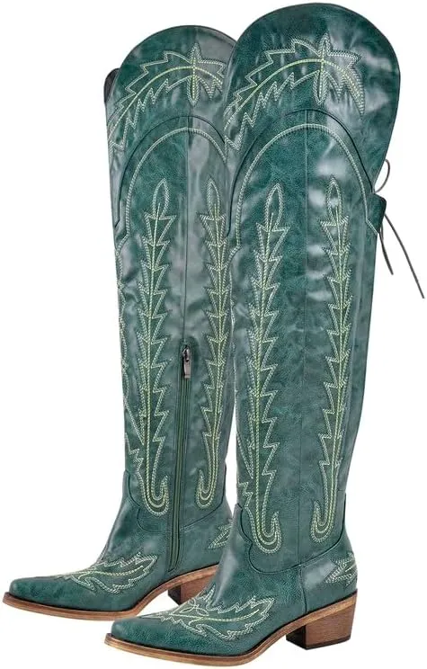 sexytag Cowgirl Boots Thigh High Wide Calf Embroidered Western Cowboy Boots