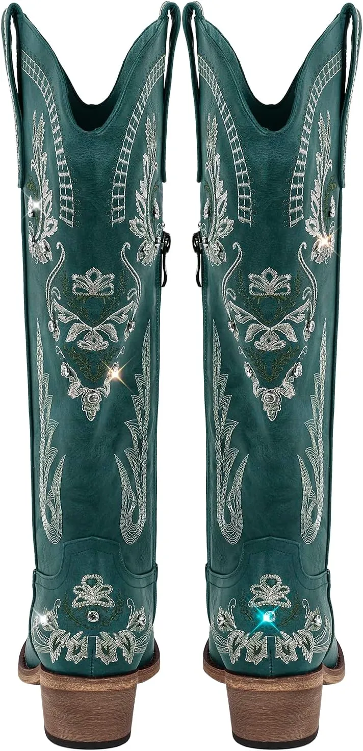 sexytag Western Cowboy Boots for Women Embroidered Rhinestones Knee High Cowgirl Boots