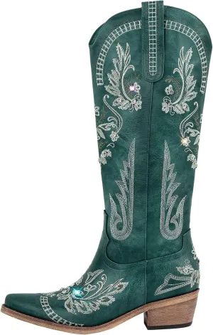 sexytag Western Cowboy Boots for Women Embroidered Rhinestones Knee High Cowgirl Boots