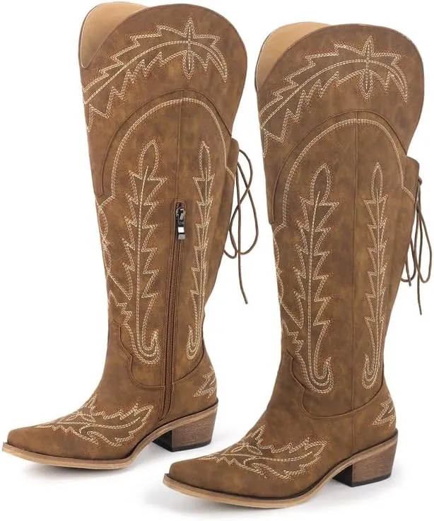 sexytag Western Cowboy Boots for Women Embroidered Thigh High Cowgirl Boots
