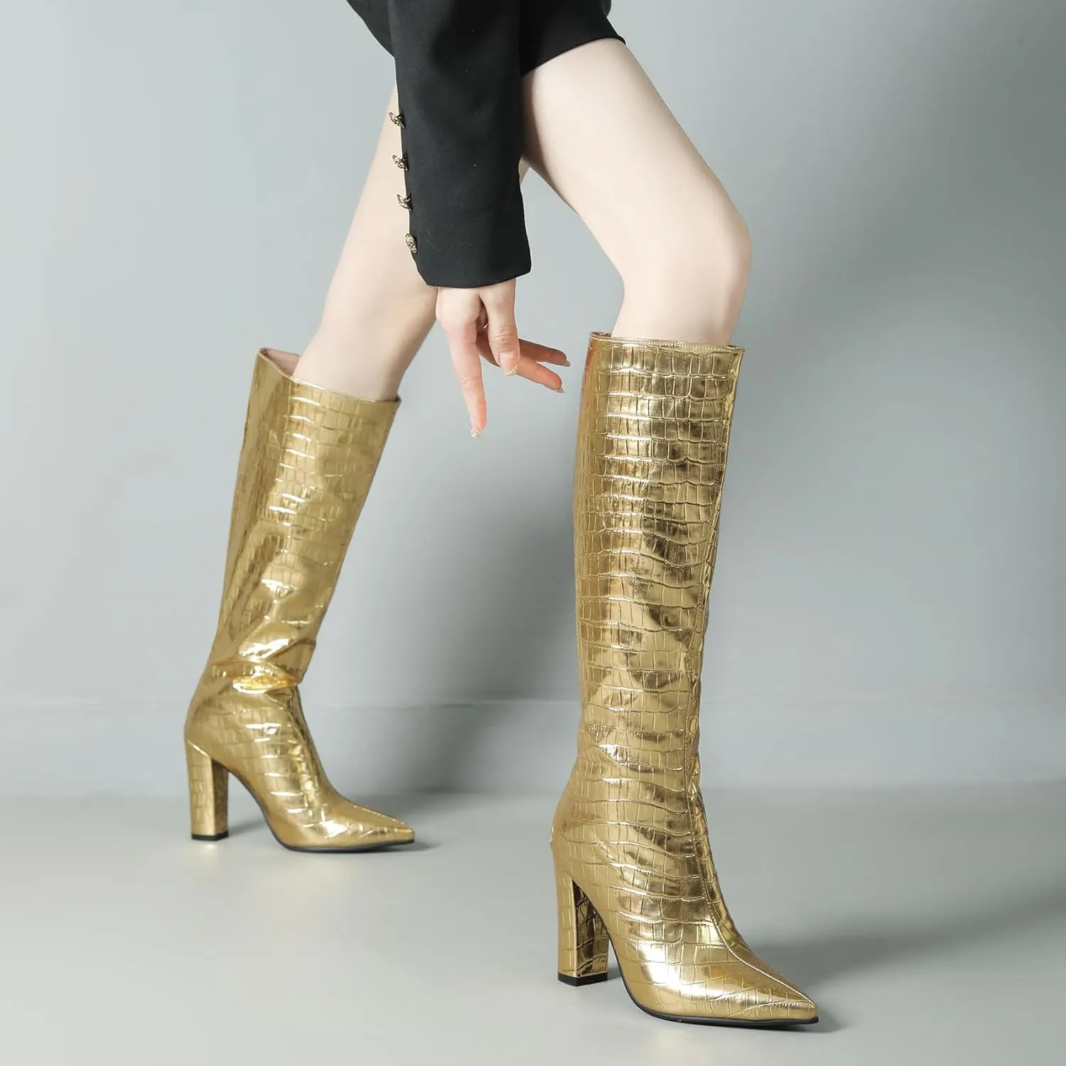 SHEMEE Women's Colorful Snakeskin Knee High Boot Chunky Block High Heels Snake Print Round Toe Zipper Slouch Shoes