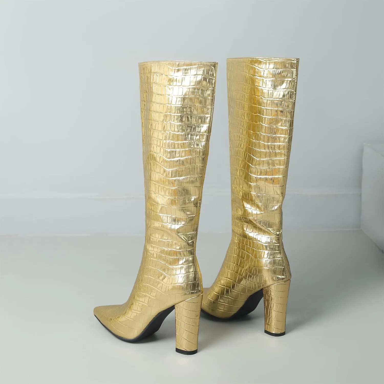 SHEMEE Women's Colorful Snakeskin Knee High Boot Chunky Block High Heels Snake Print Round Toe Zipper Slouch Shoes