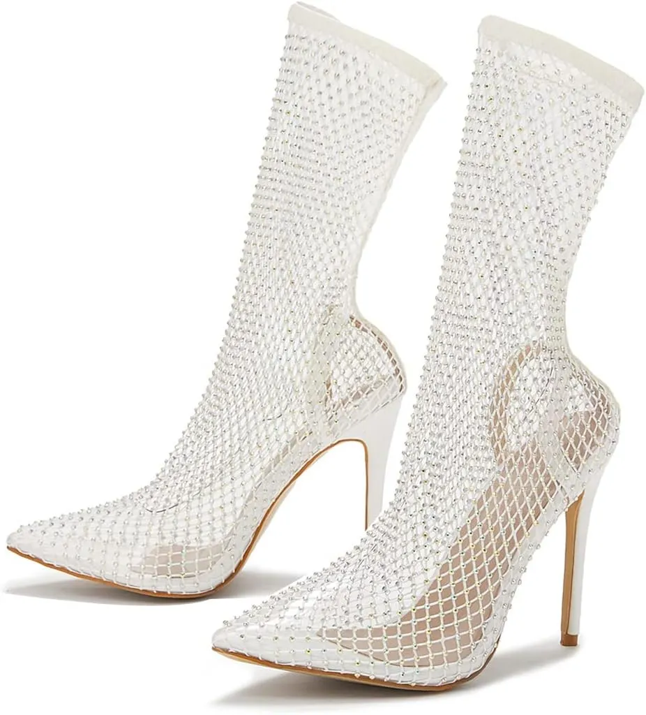 SHEMEE Women's Mesh High Heel Stiletto Fishnet Ankle Boots Summer Sandals Pointed Toe Cutout Bling Rhinestones Sock Booties