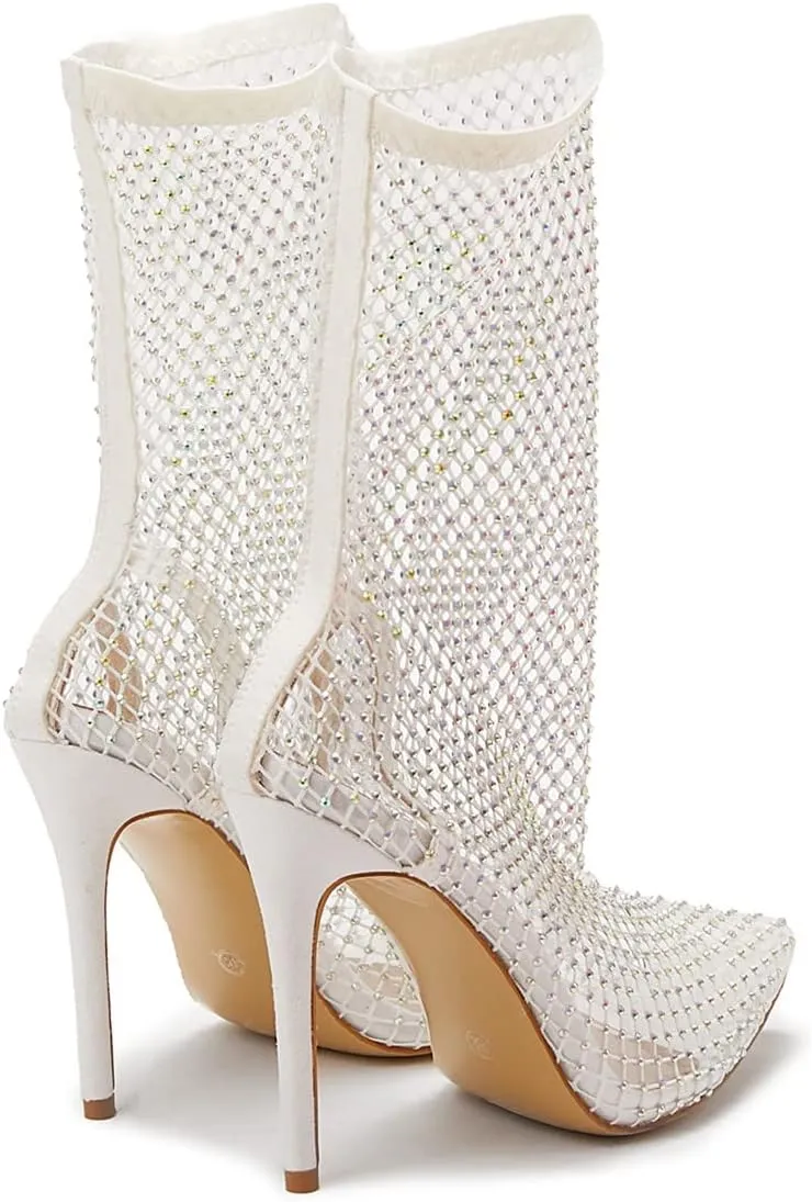 SHEMEE Women's Mesh High Heel Stiletto Fishnet Ankle Boots Summer Sandals Pointed Toe Cutout Bling Rhinestones Sock Booties