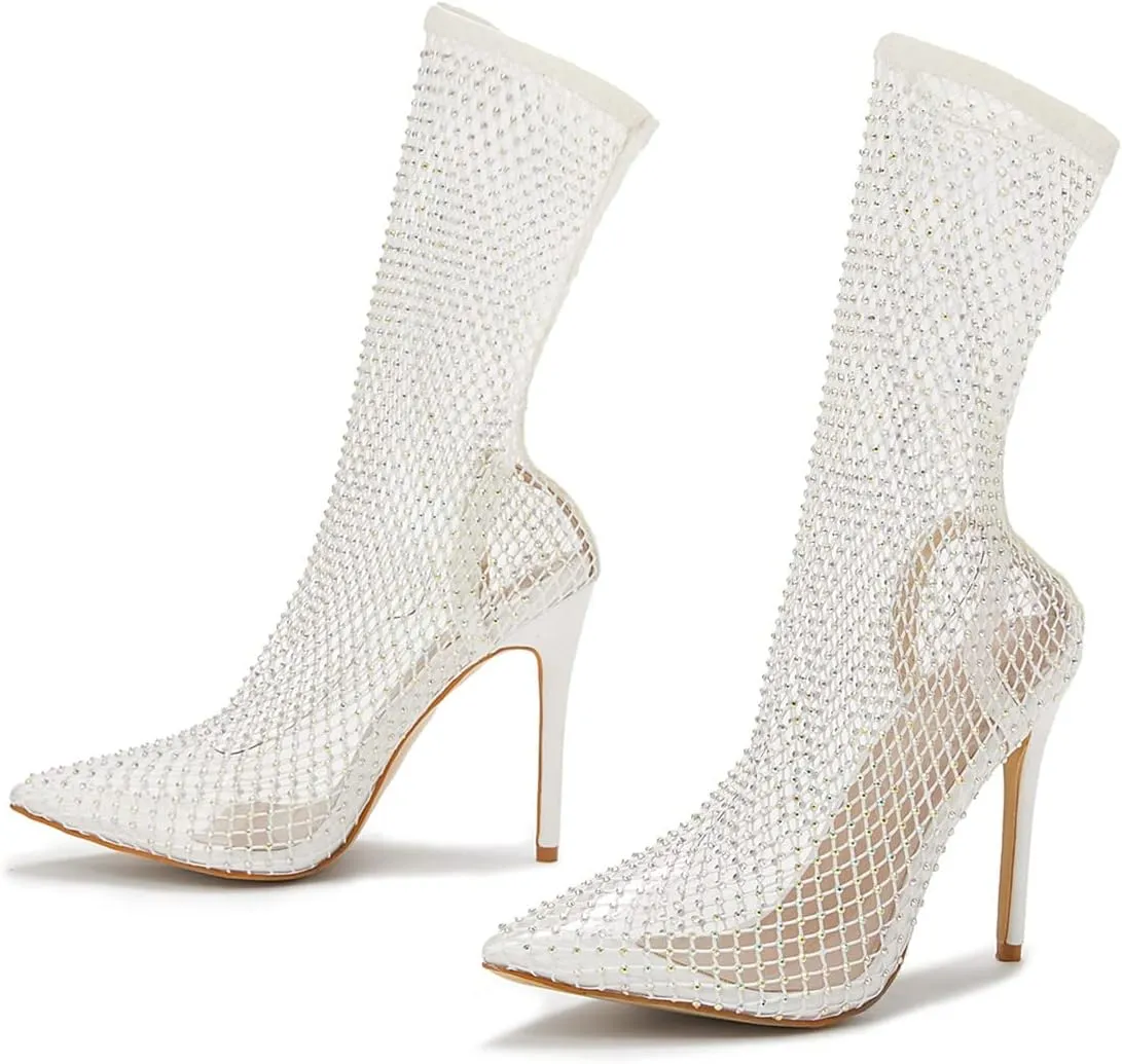 SHEMEE Women's Mesh High Heel Stiletto Fishnet Ankle Boots Summer Sandals Pointed Toe Cutout Bling Rhinestones Sock Booties