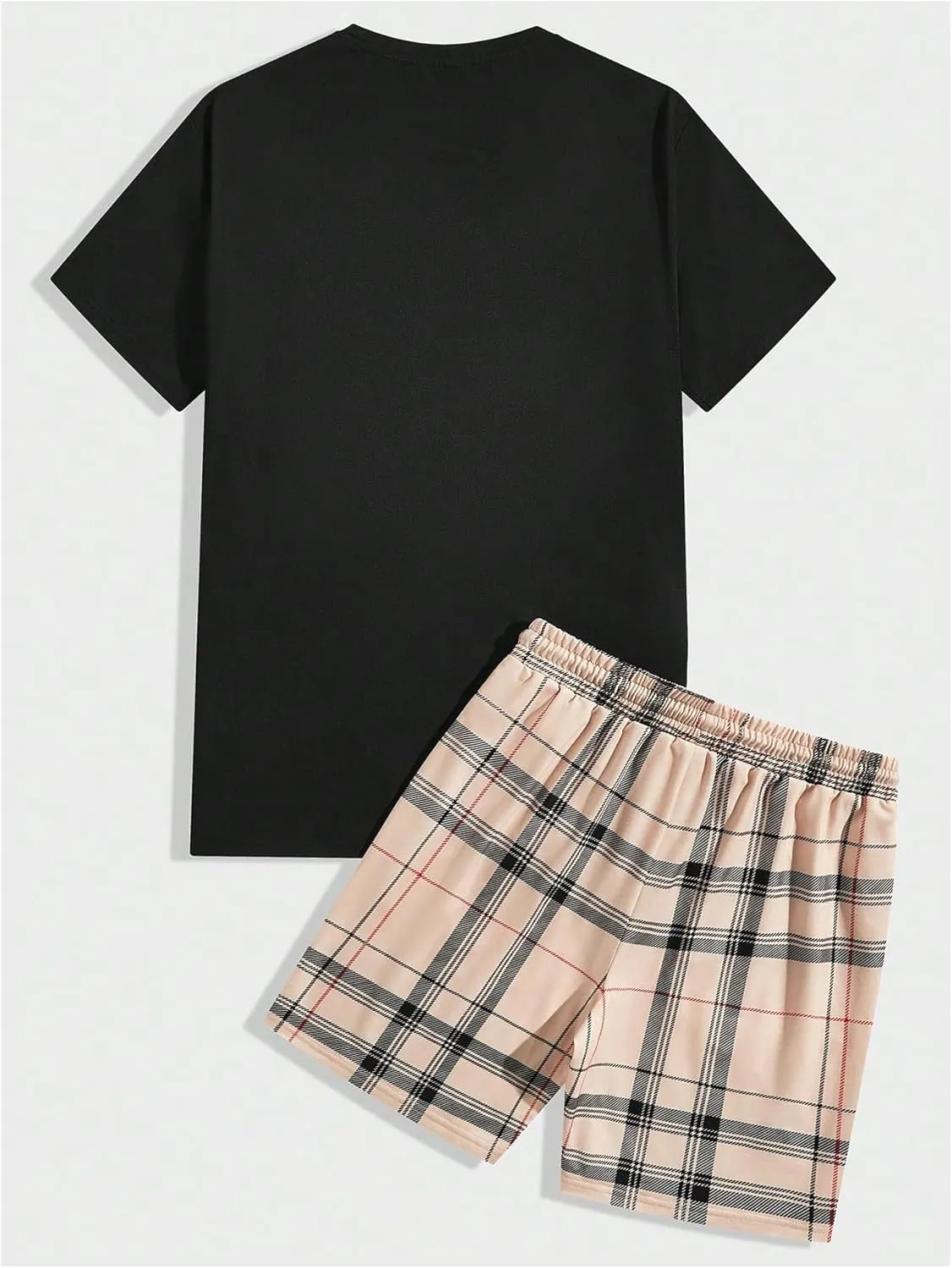 SHENHE Men's 2 Piece Outfits Summer Graphic Bear Print Tee Shirt and Plaid Shorts Set
