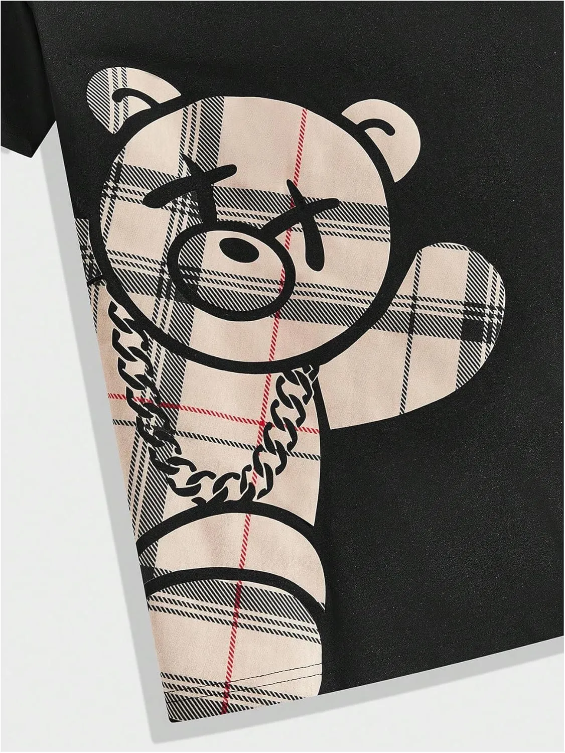 SHENHE Men's 2 Piece Outfits Summer Graphic Bear Print Tee Shirt and Plaid Shorts Set