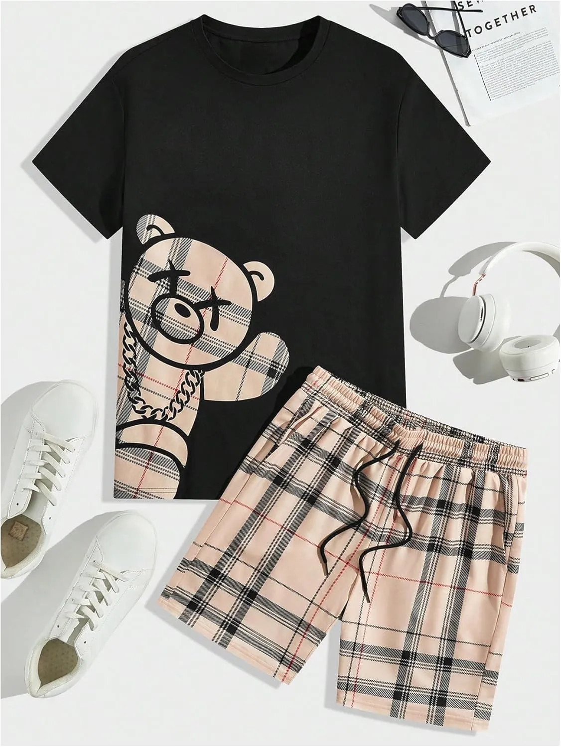 SHENHE Men's 2 Piece Outfits Summer Graphic Bear Print Tee Shirt and Plaid Shorts Set