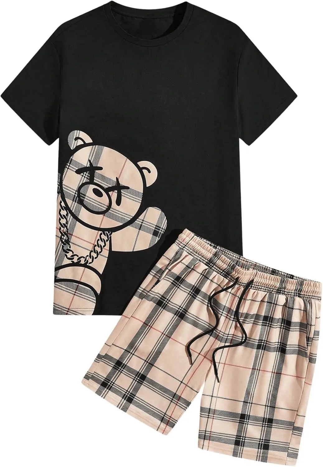 SHENHE Men's 2 Piece Outfits Summer Graphic Bear Print Tee Shirt and Plaid Shorts Set