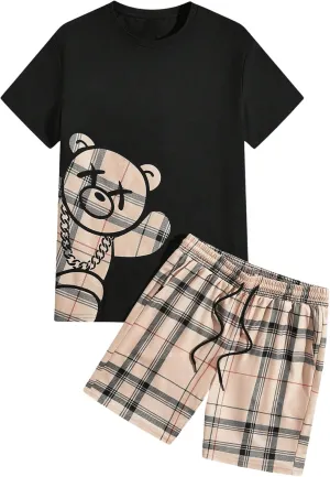 SHENHE Men's 2 Piece Outfits Summer Graphic Bear Print Tee Shirt and Plaid Shorts Set