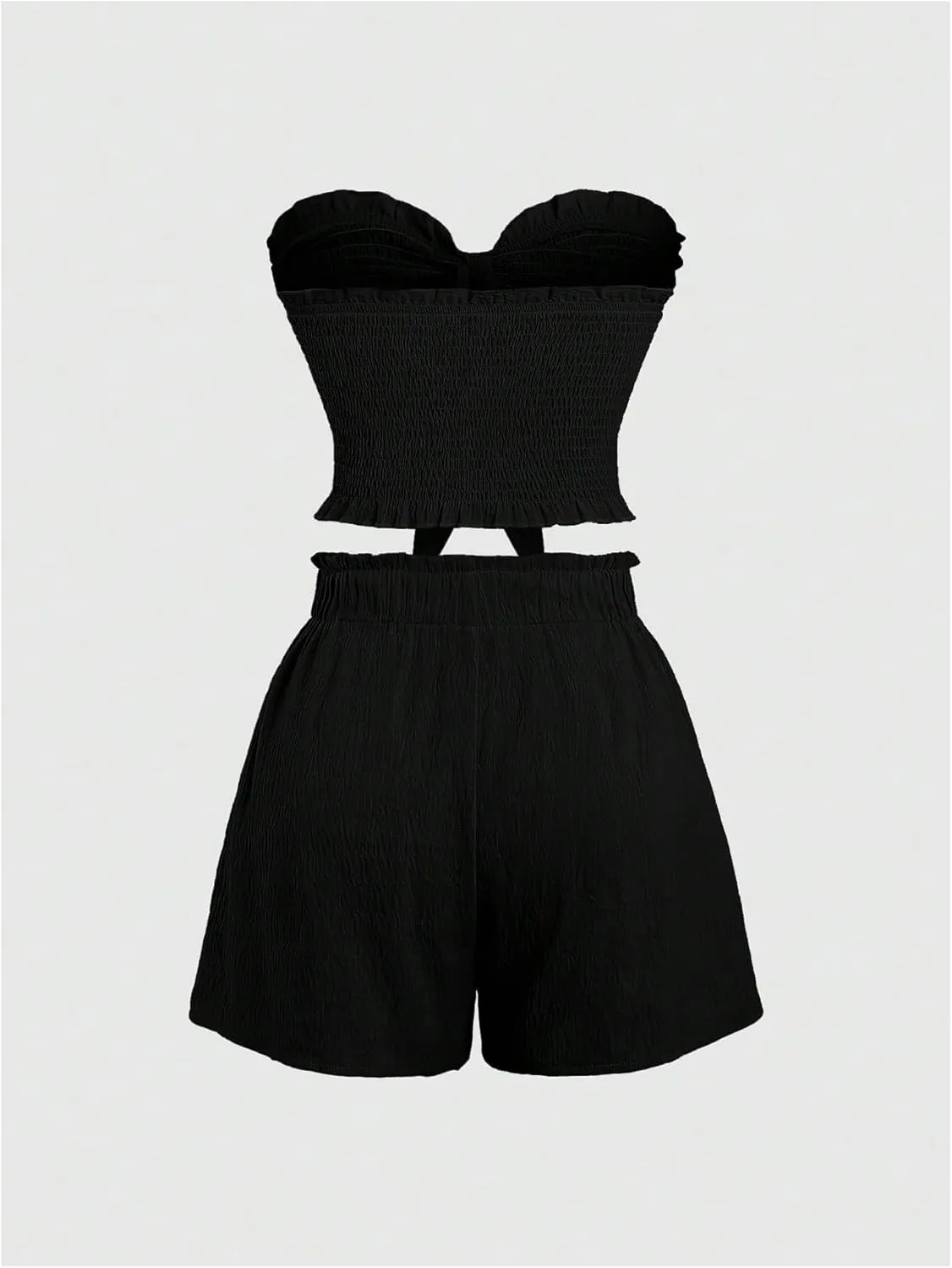SHENHE Women's Summer 2 Piece Outfits Smocked Knot Crop Tube Top and Wide Leg Paperbag Shorts Set