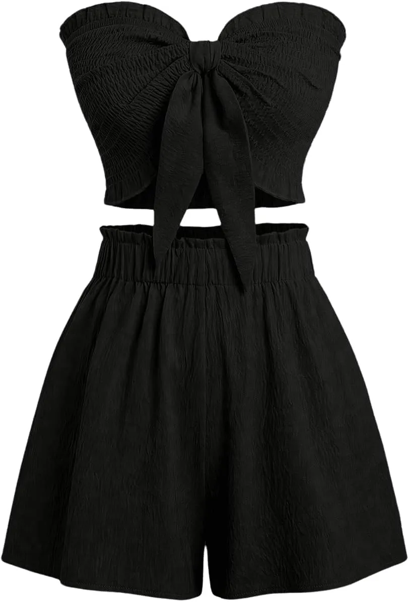 SHENHE Women's Summer 2 Piece Outfits Smocked Knot Crop Tube Top and Wide Leg Paperbag Shorts Set