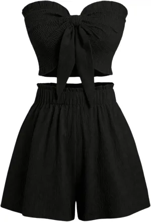 SHENHE Women's Summer 2 Piece Outfits Smocked Knot Crop Tube Top and Wide Leg Paperbag Shorts Set