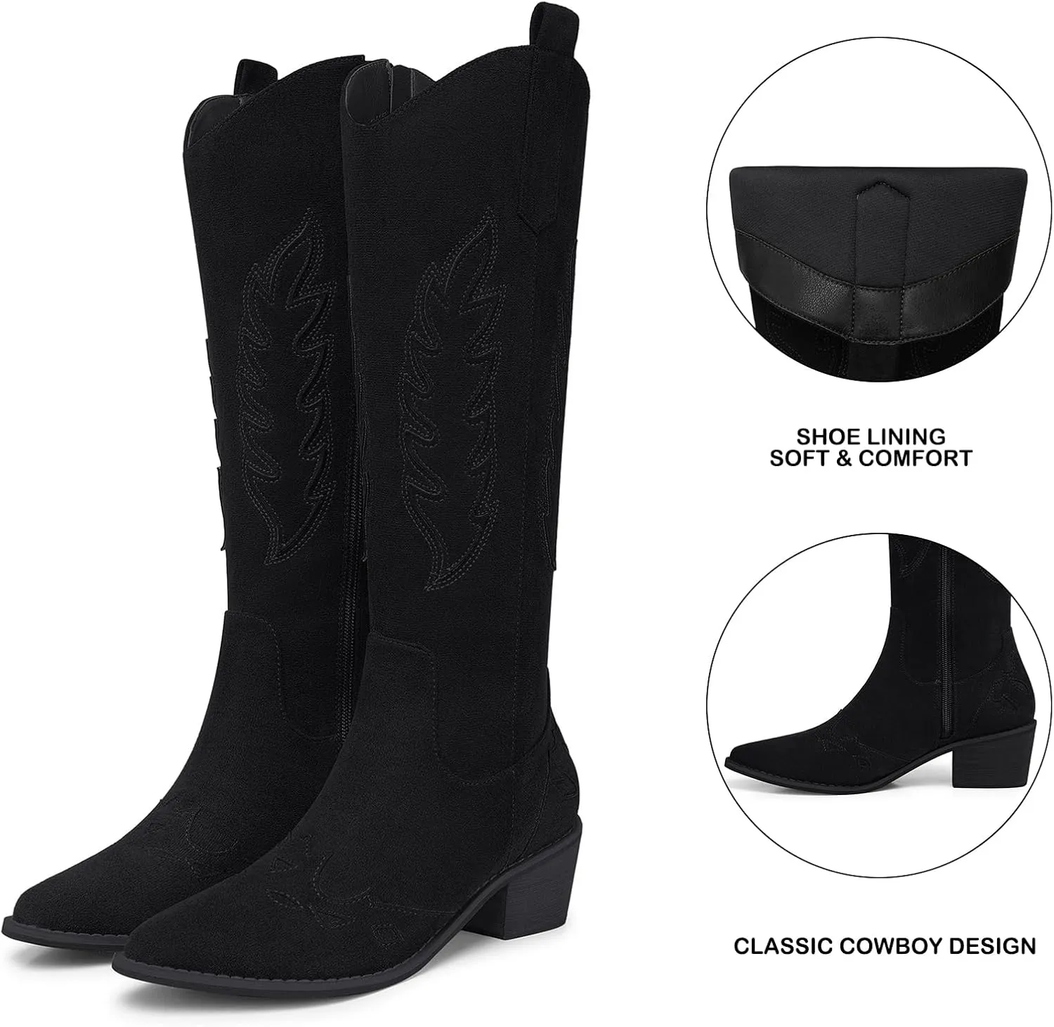 SHIBEVER Cowboy Boots for Women Knee High Suede Pointed Toe Cowgirl Boots Embroidered Pull-On Chunky Heel Western Boots