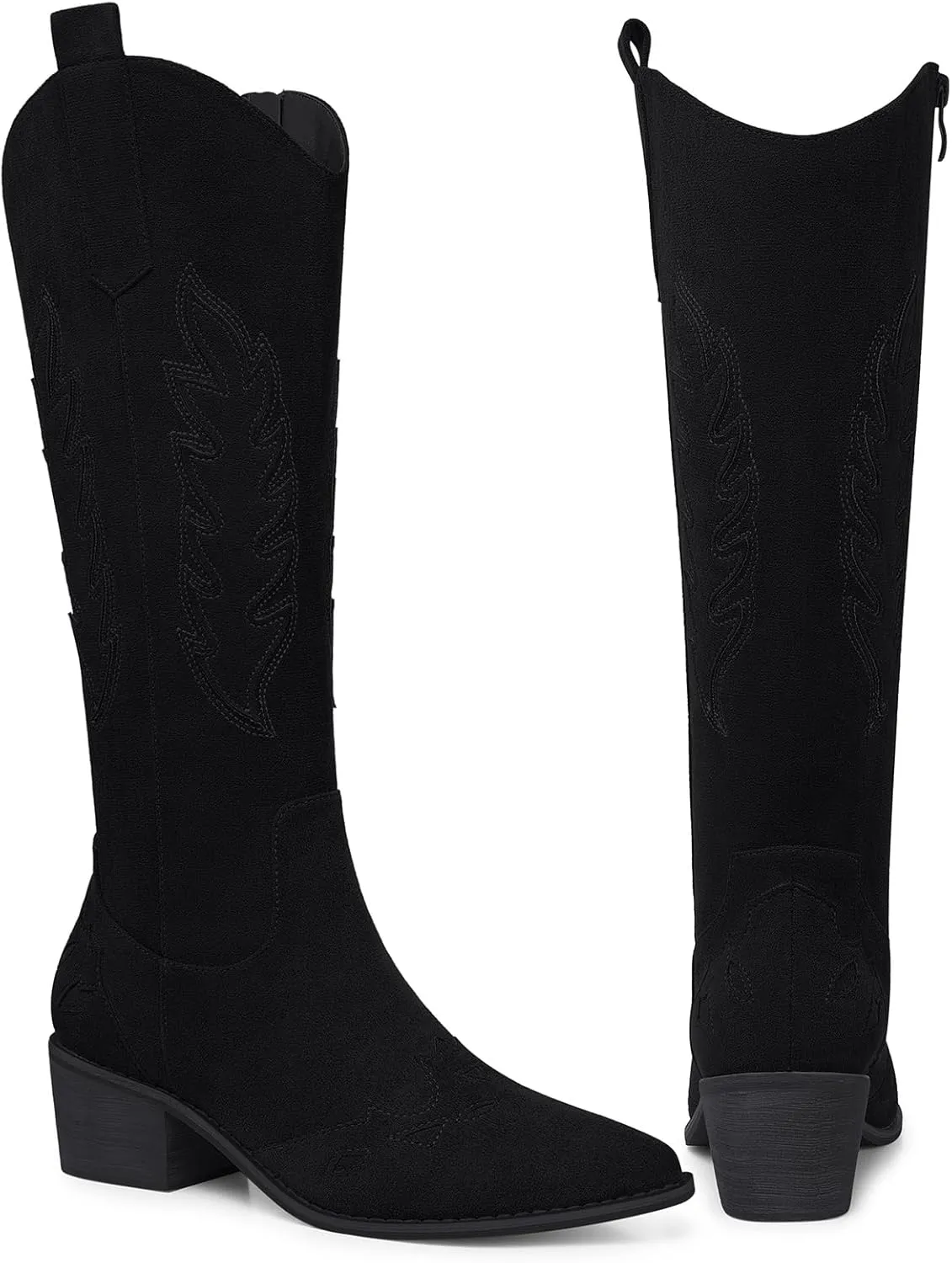 SHIBEVER Cowboy Boots for Women Knee High Suede Pointed Toe Cowgirl Boots Embroidered Pull-On Chunky Heel Western Boots