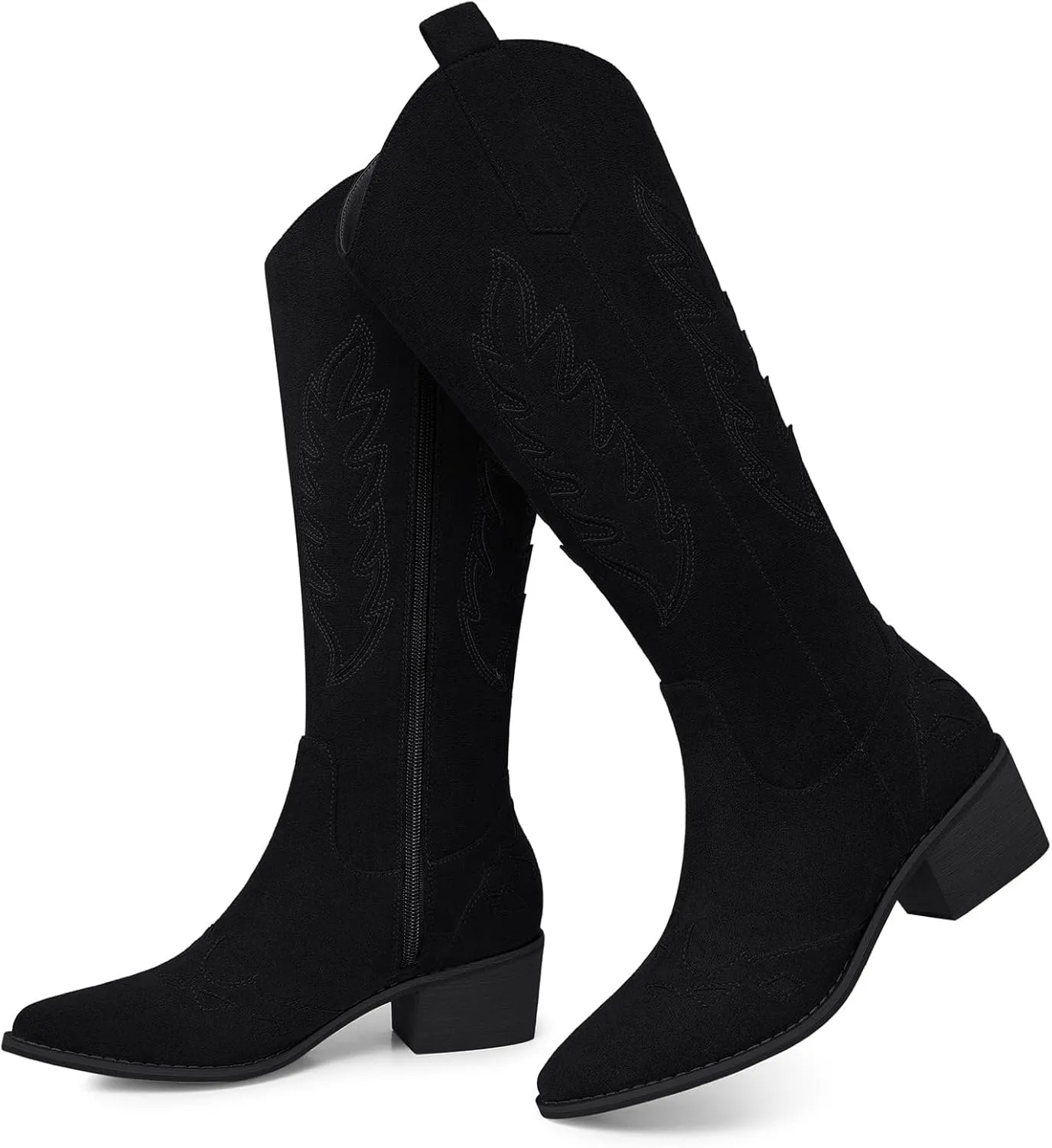 SHIBEVER Cowboy Boots for Women Knee High Suede Pointed Toe Cowgirl Boots Embroidered Pull-On Chunky Heel Western Boots