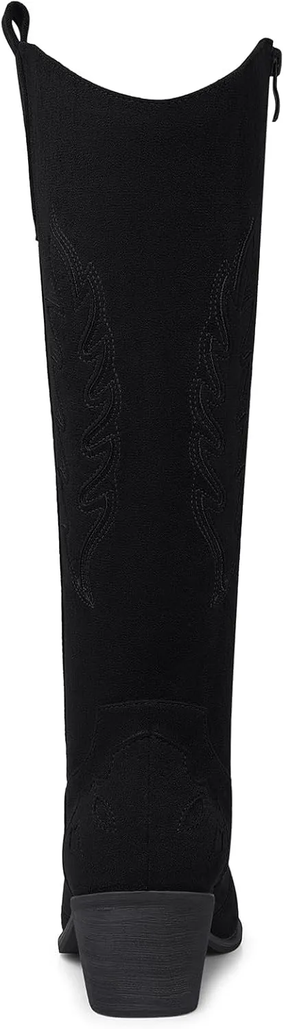 SHIBEVER Cowboy Boots for Women Knee High Suede Pointed Toe Cowgirl Boots Embroidered Pull-On Chunky Heel Western Boots
