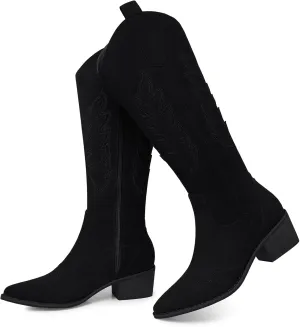 SHIBEVER Cowboy Boots for Women Knee High Suede Pointed Toe Cowgirl Boots Embroidered Pull-On Chunky Heel Western Boots