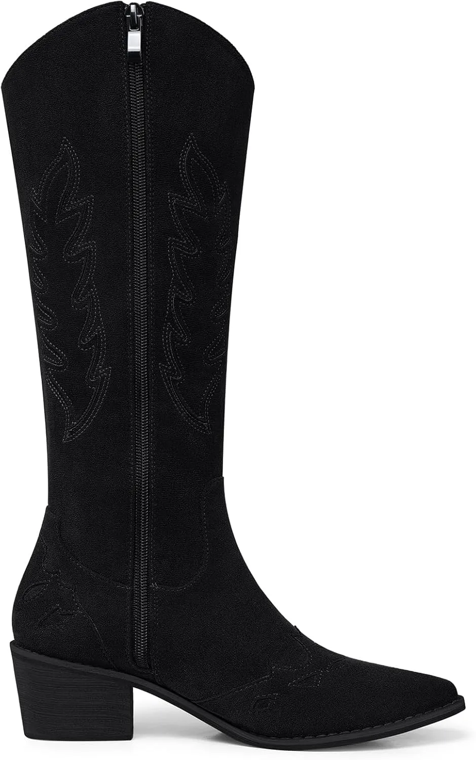 SHIBEVER Cowboy Boots for Women Knee High Suede Pointed Toe Cowgirl Boots Embroidered Pull-On Chunky Heel Western Boots
