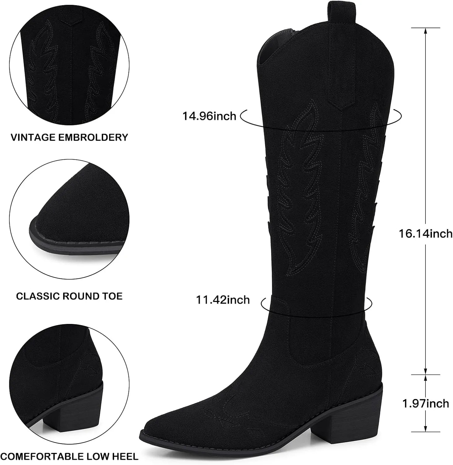 SHIBEVER Cowboy Boots for Women Knee High Suede Pointed Toe Cowgirl Boots Embroidered Pull-On Chunky Heel Western Boots