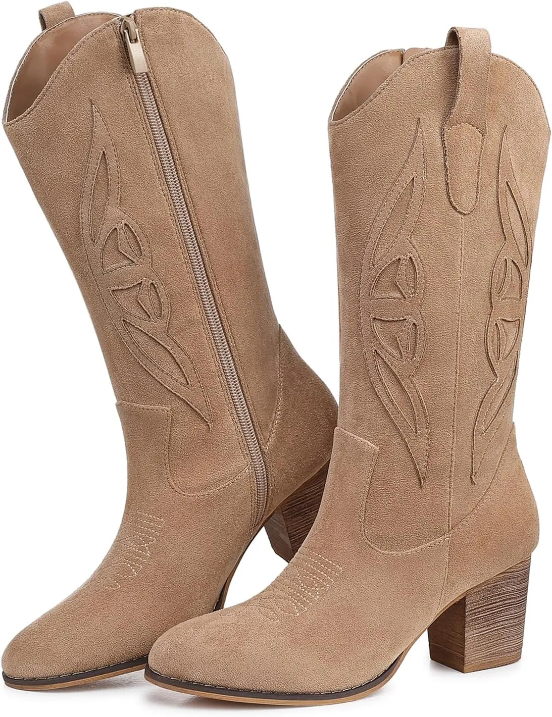 SHIBEVER Cowboy Boots for Women Mid: Black Wide Calf Cowgirl Boots Western Embroidered Country High Heel Round Toe Booties Size