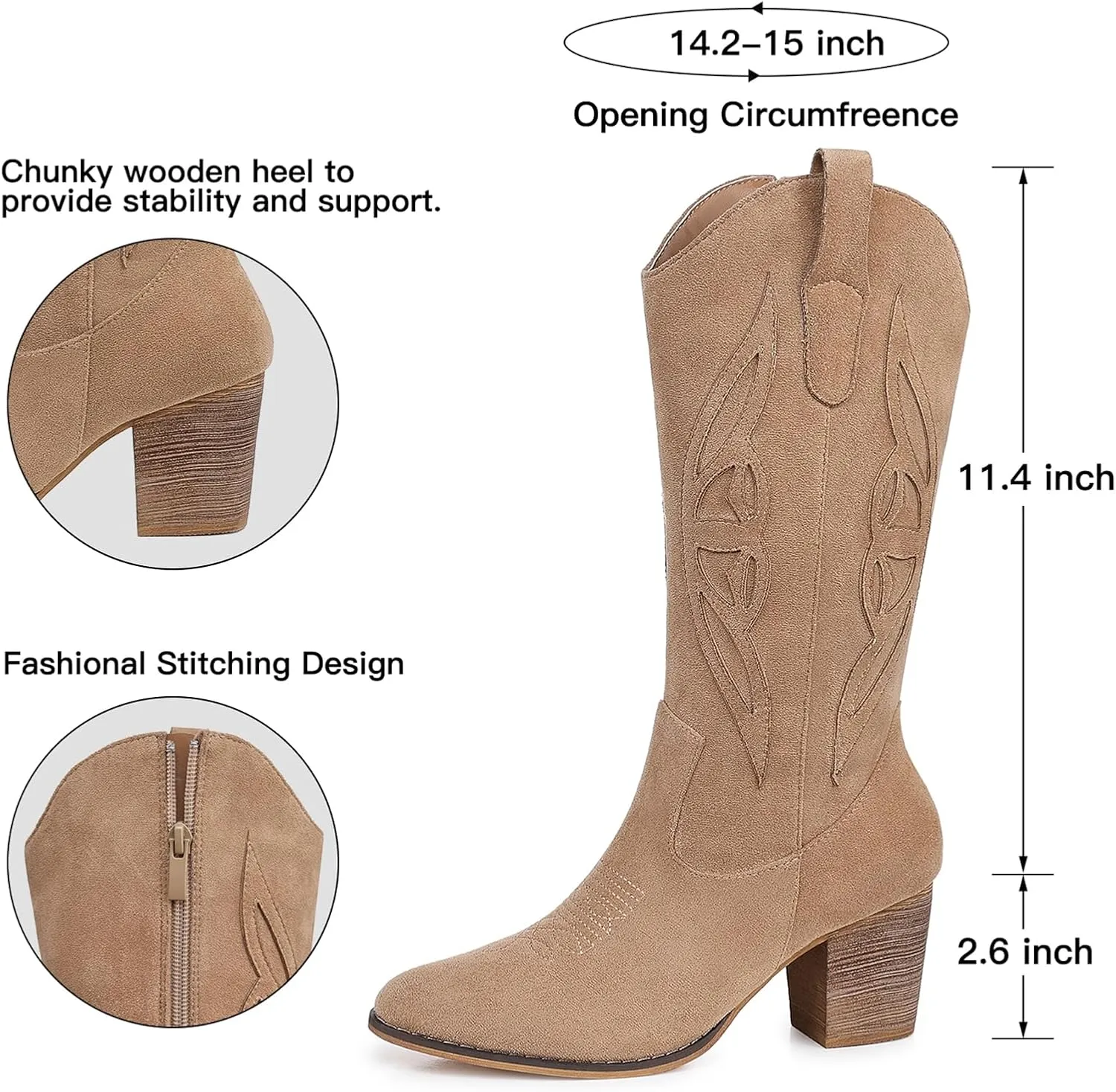 SHIBEVER Cowboy Boots for Women Mid: Black Wide Calf Cowgirl Boots Western Embroidered Country High Heel Round Toe Booties Size