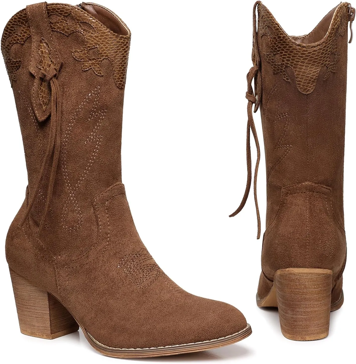 SHIBEVER Cowboy Cowgirl Boots for Women: Western Country High Heel Boots Suede Zipper Mid Calf Booties