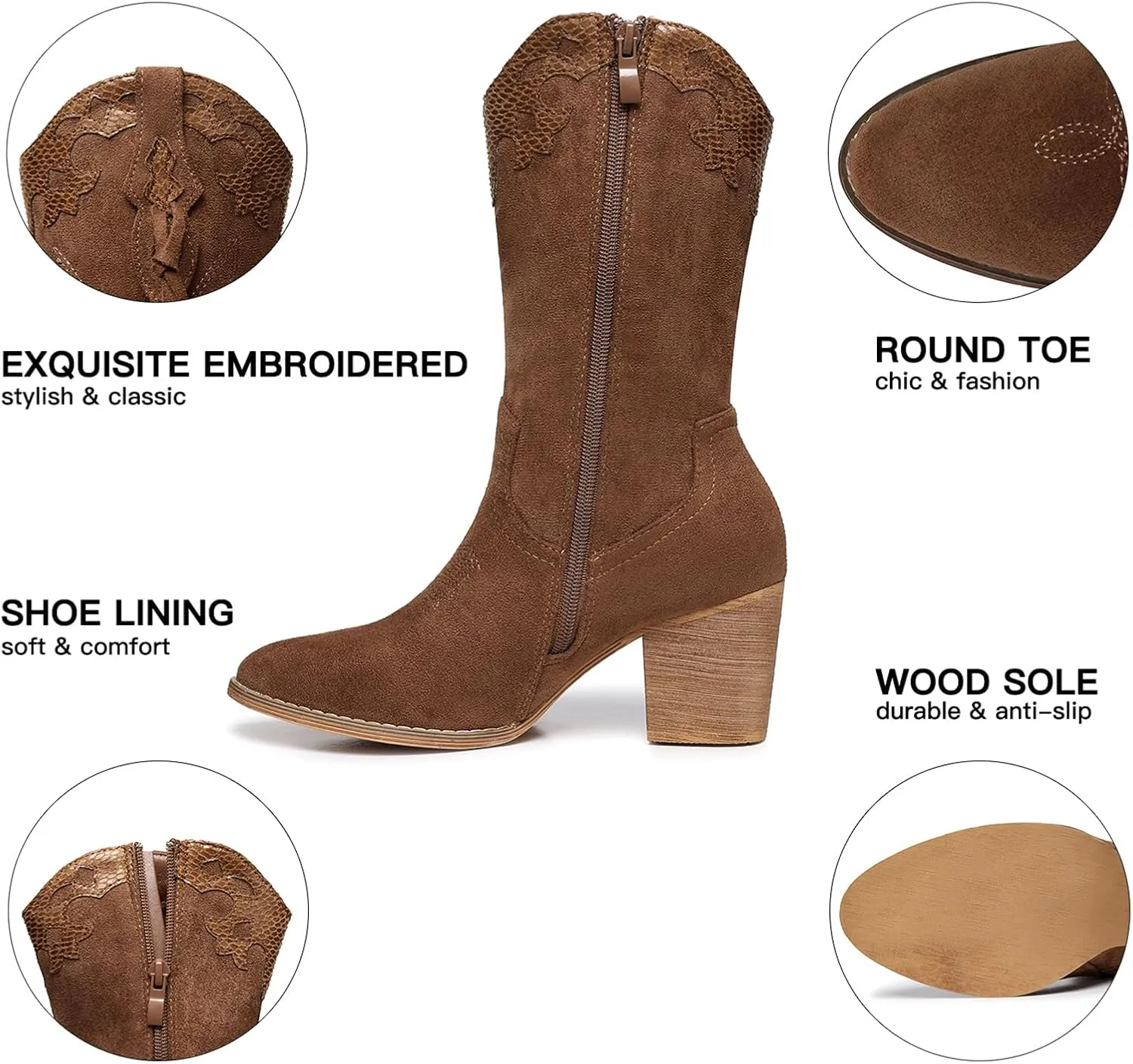SHIBEVER Cowboy Cowgirl Boots for Women: Western Country High Heel Boots Suede Zipper Mid Calf Booties