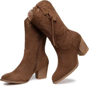 SHIBEVER Cowboy Cowgirl Boots for Women: Western Country High Heel Boots Suede Zipper Mid Calf Booties