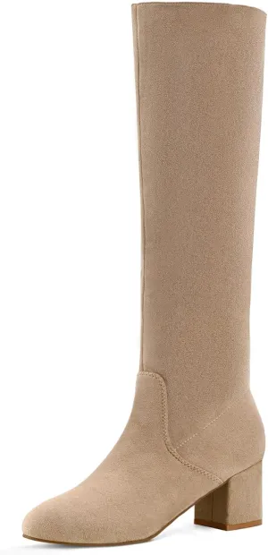 Shoe'N Tale Knee High Boots for Women Block Chunky Heel Boots with Side Zipper