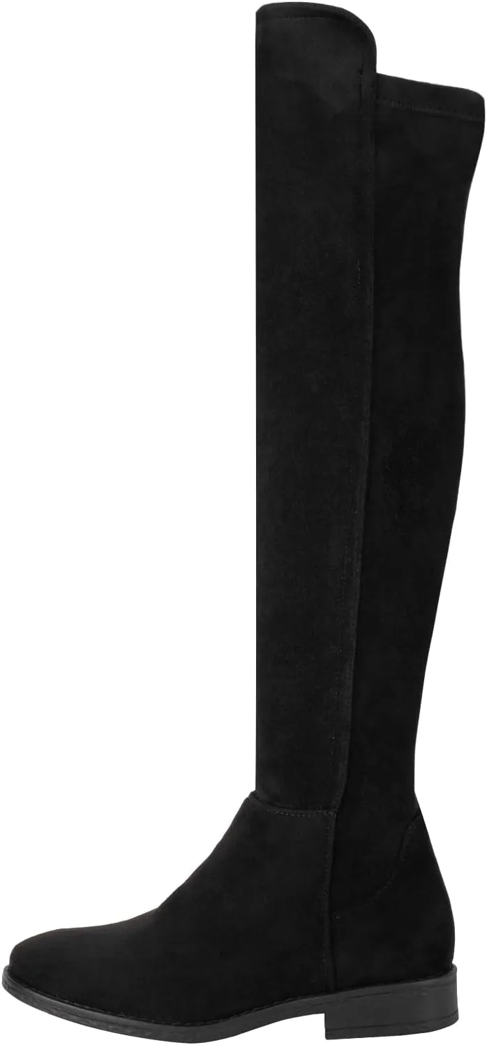 Shoe'N Tale Thigh High Over The Knee Boots for Women Flat Low Heel Fall Winter Stretch Suede Long Round Toe Boots