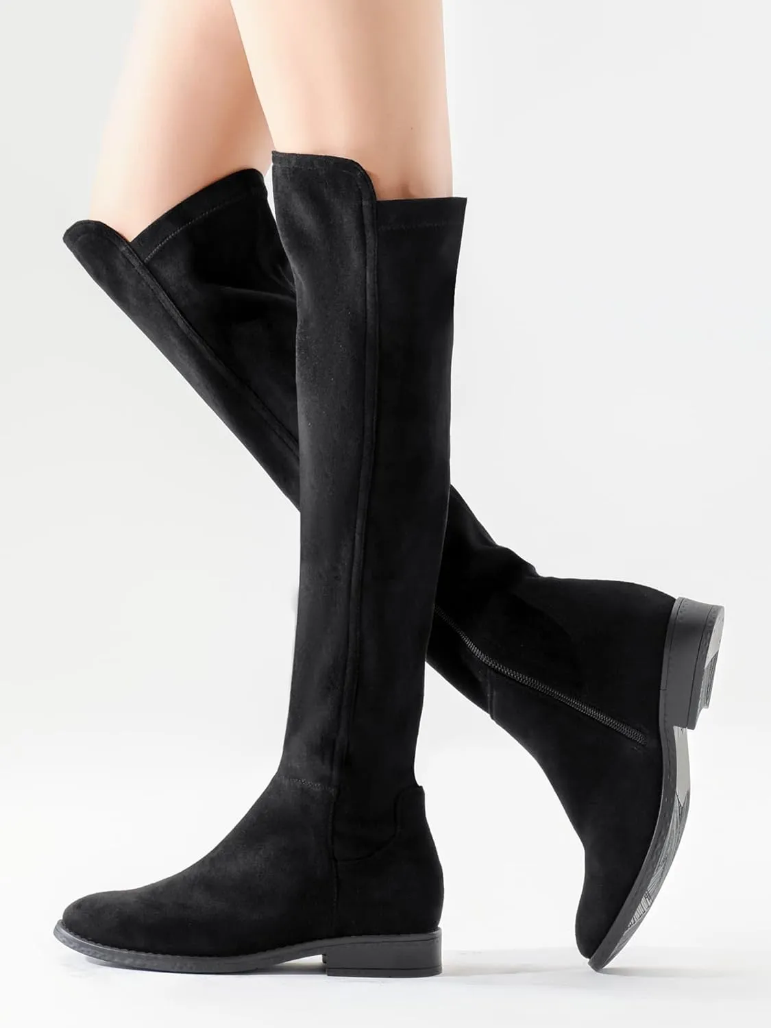 Shoe'N Tale Thigh High Over The Knee Boots for Women Flat Low Heel Fall Winter Stretch Suede Long Round Toe Boots