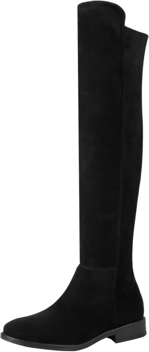 Shoe'N Tale Thigh High Over The Knee Boots for Women Flat Low Heel Fall Winter Stretch Suede Long Round Toe Boots