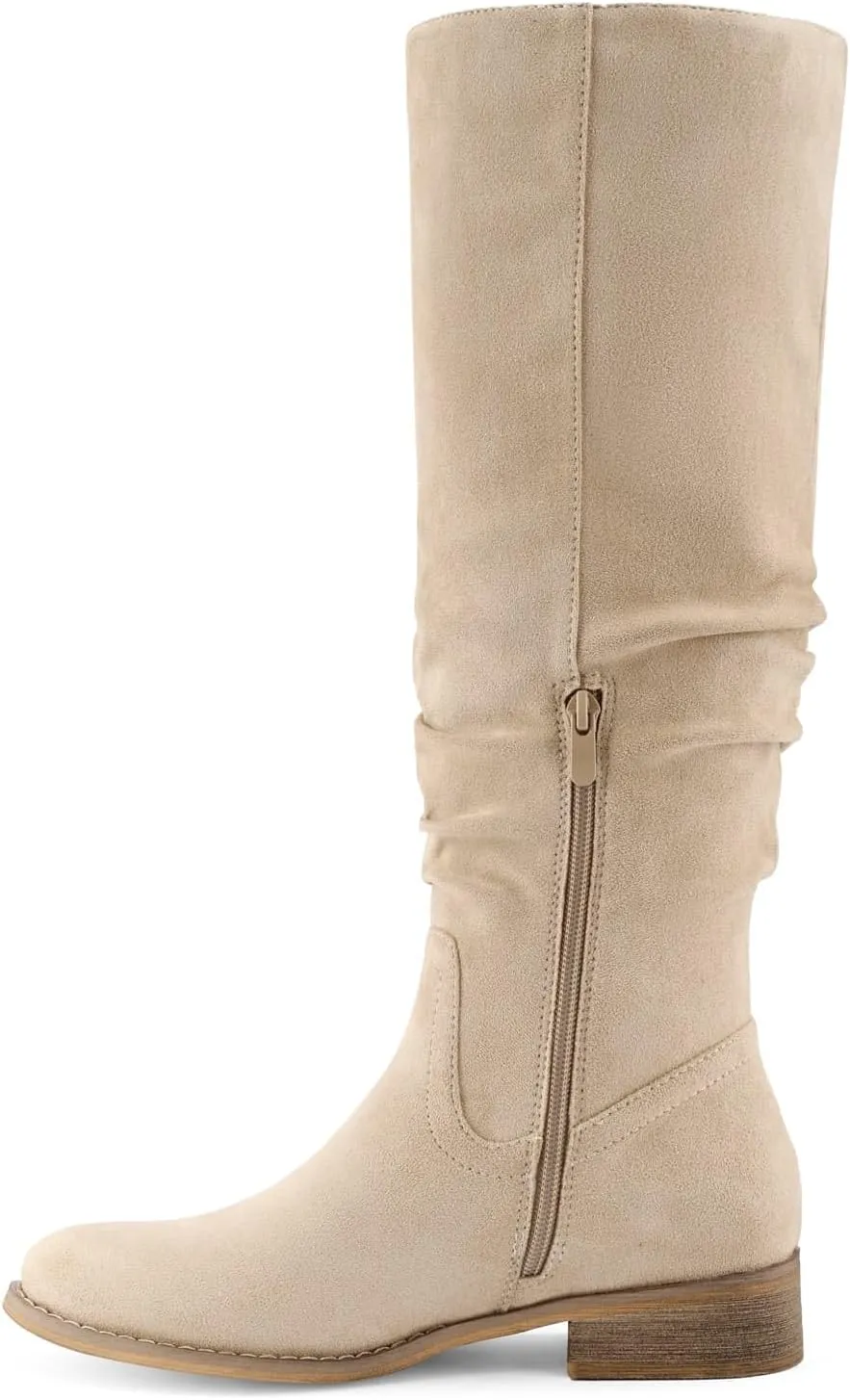 Shoe'N Tale Women's Knee High Boots Flat Low Heel Slouch Pointed Toe Winter Shoes with Side Zipper