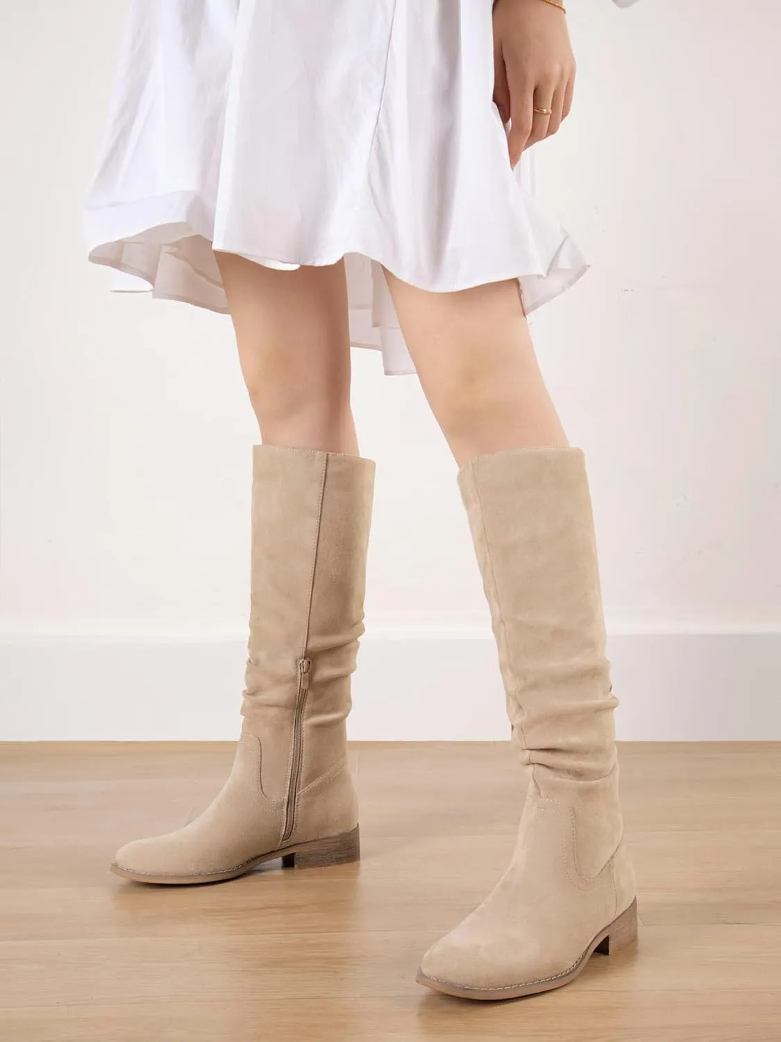 Shoe'N Tale Women's Knee High Boots Flat Low Heel Slouch Pointed Toe Winter Shoes with Side Zipper