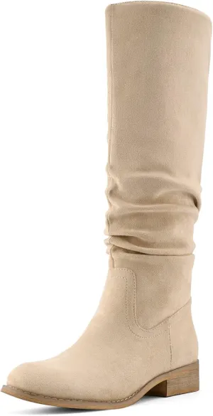 Shoe'N Tale Women's Knee High Boots Flat Low Heel Slouch Pointed Toe Winter Shoes with Side Zipper