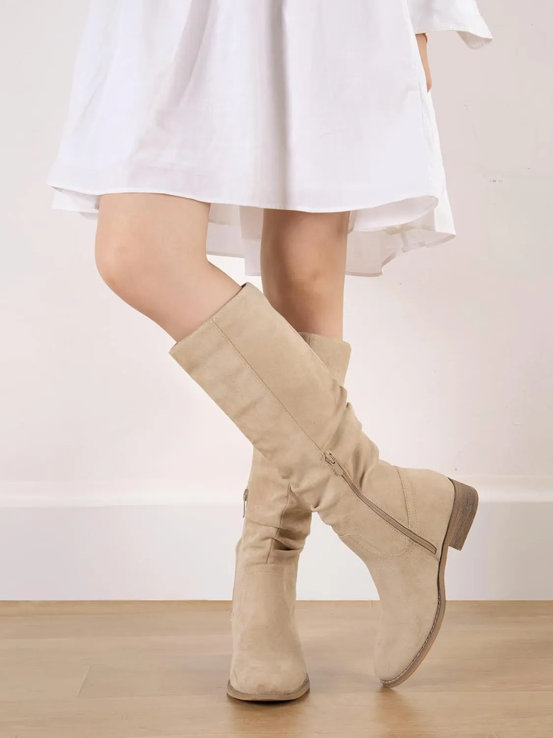 Shoe'N Tale Women's Knee High Boots Flat Low Heel Slouch Pointed Toe Winter Shoes with Side Zipper