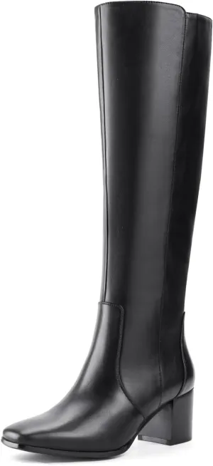 Shoe'N Tale Women's Knee High Boots Square Toe Tall Boots Mid Chunky Block Heeled Boots Side Zipper
