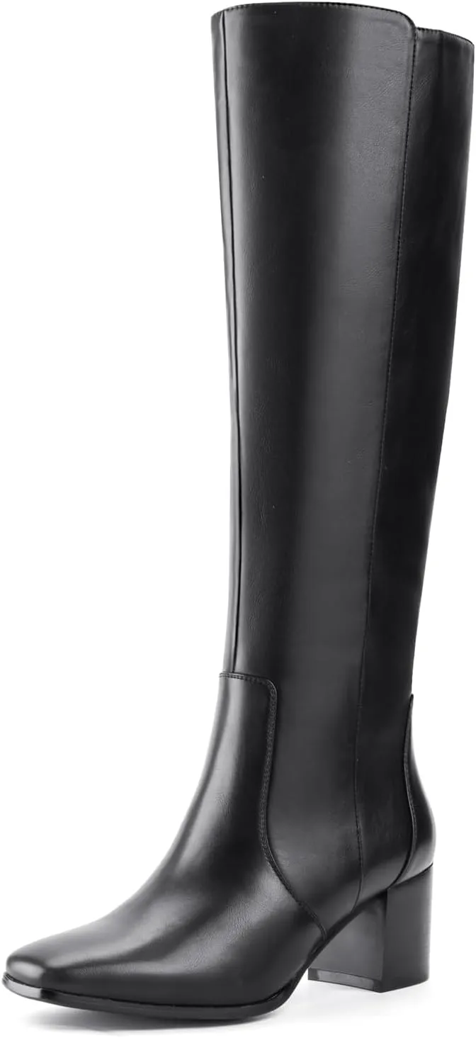 Shoe'N Tale Women's Knee High Boots Square Toe Tall Boots Mid Chunky Block Heeled Boots Side Zipper