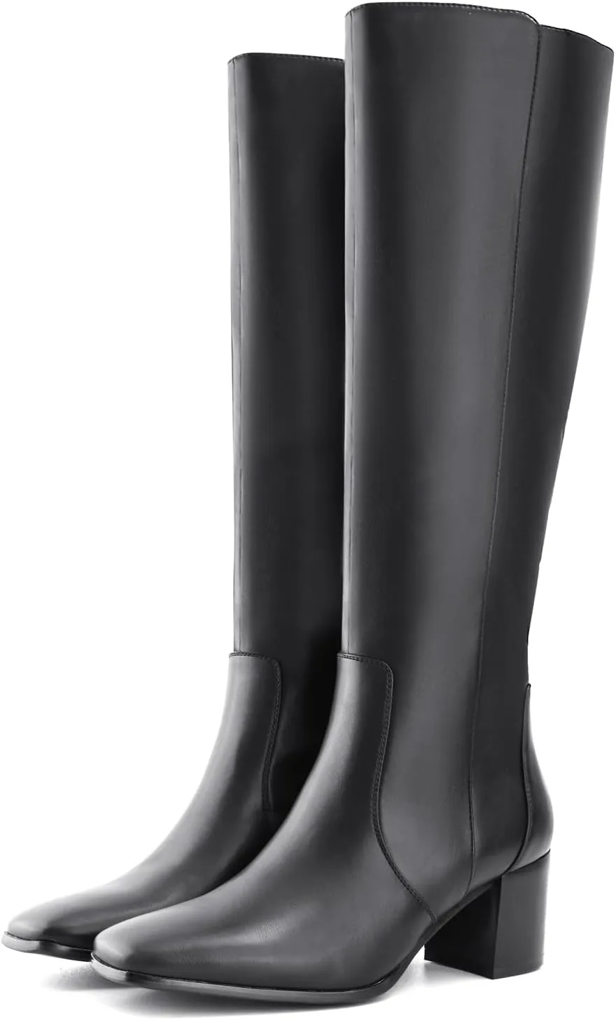Shoe'N Tale Women's Knee High Boots Square Toe Tall Boots Mid Chunky Block Heeled Boots Side Zipper