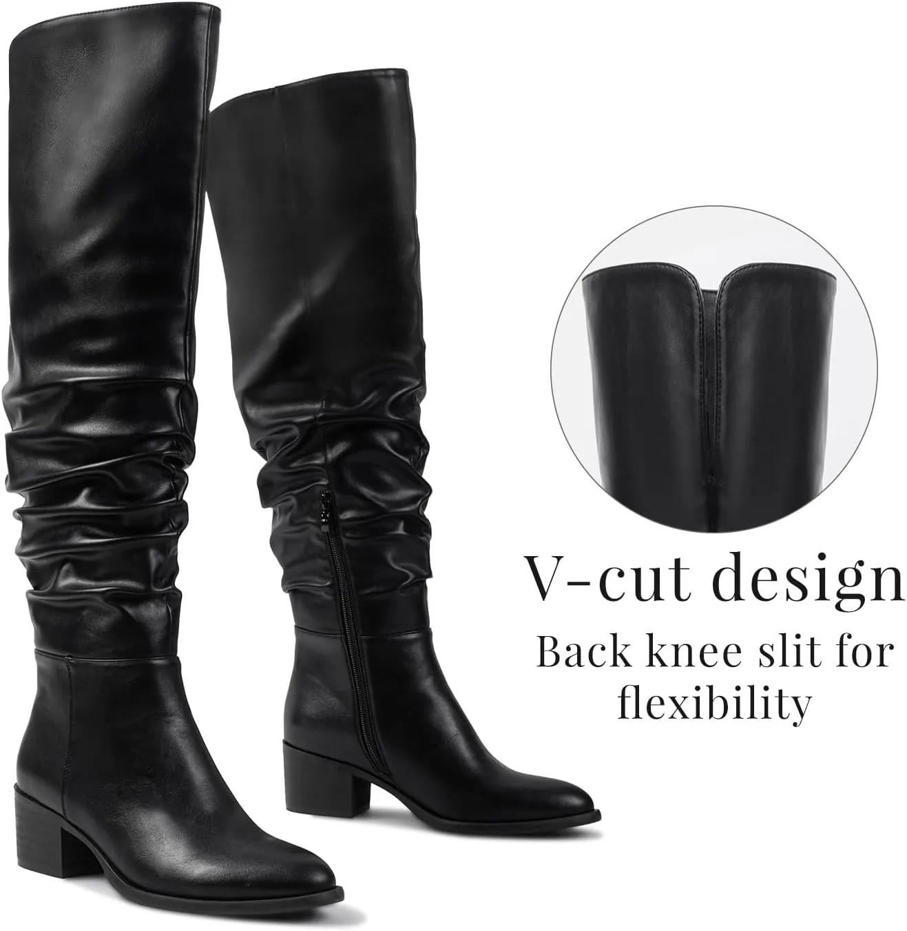 Shoe'N Tale Women's Over The Knee Thigh High Boots Chunky Block Heel Pointed Toe Slouchy Side Zipper Fall Weather Winter Boots