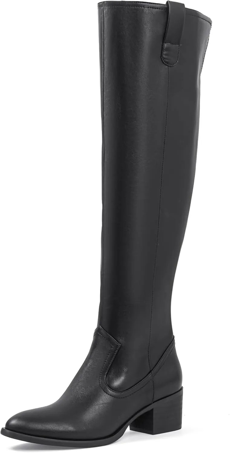 Shoe'N Tale Women's Over The Knee Thigh High Chunky Heel Pointed Toe Faux Suede Side Zipper Fall Weather Winter Boots