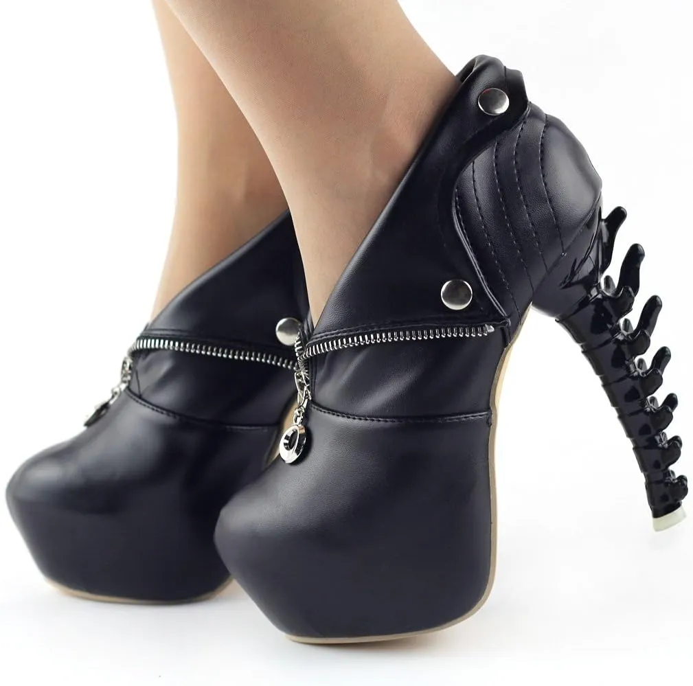 SHOW STORY Black/White Zip High-top Bone High Heel Platform Ankle Boots,LF40605