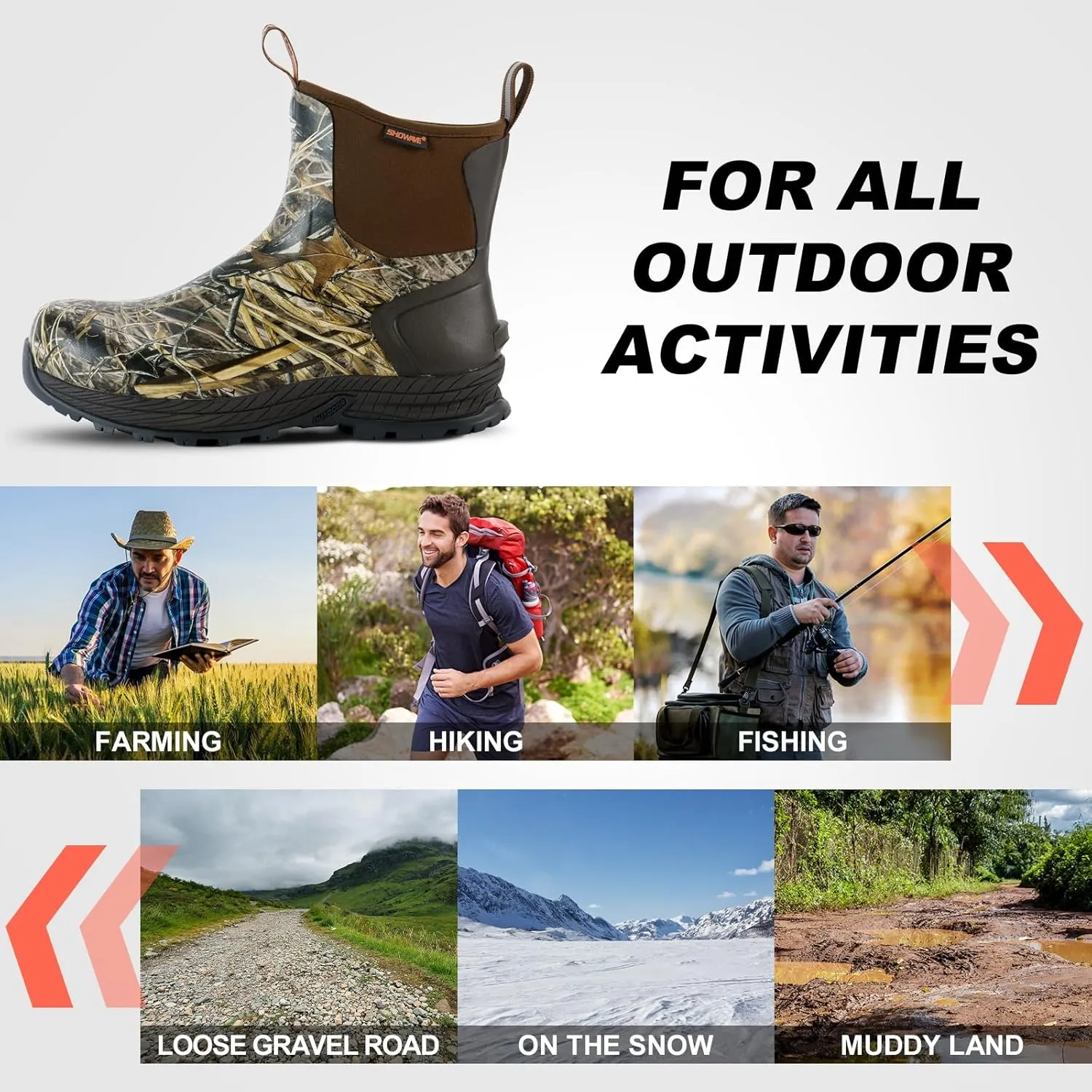 Showave Men's Rain Boots Waterproof Excursion Rubber Boots Insulated Mud Booties for Trekking Gardening Farming Camping Fishing and Chore Work